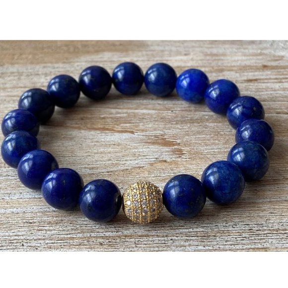 10mm Lapis Lazuli with Golden Crystal Ball Stretch Bracelet - Picture 1 of 8
